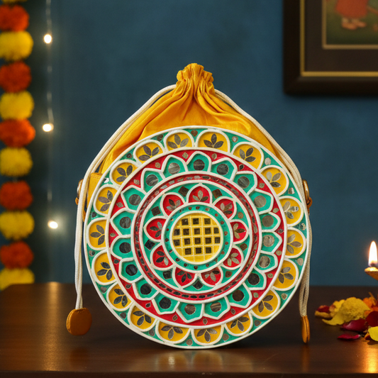 Mandala Lippan Art Handcrafted Circle Potli Bag