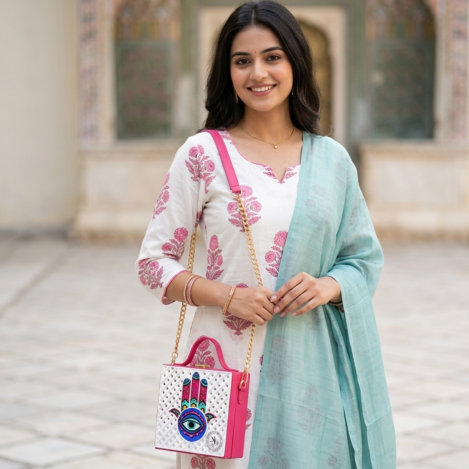 Hamsa Square Lippan Art Handcrafted Box Bag