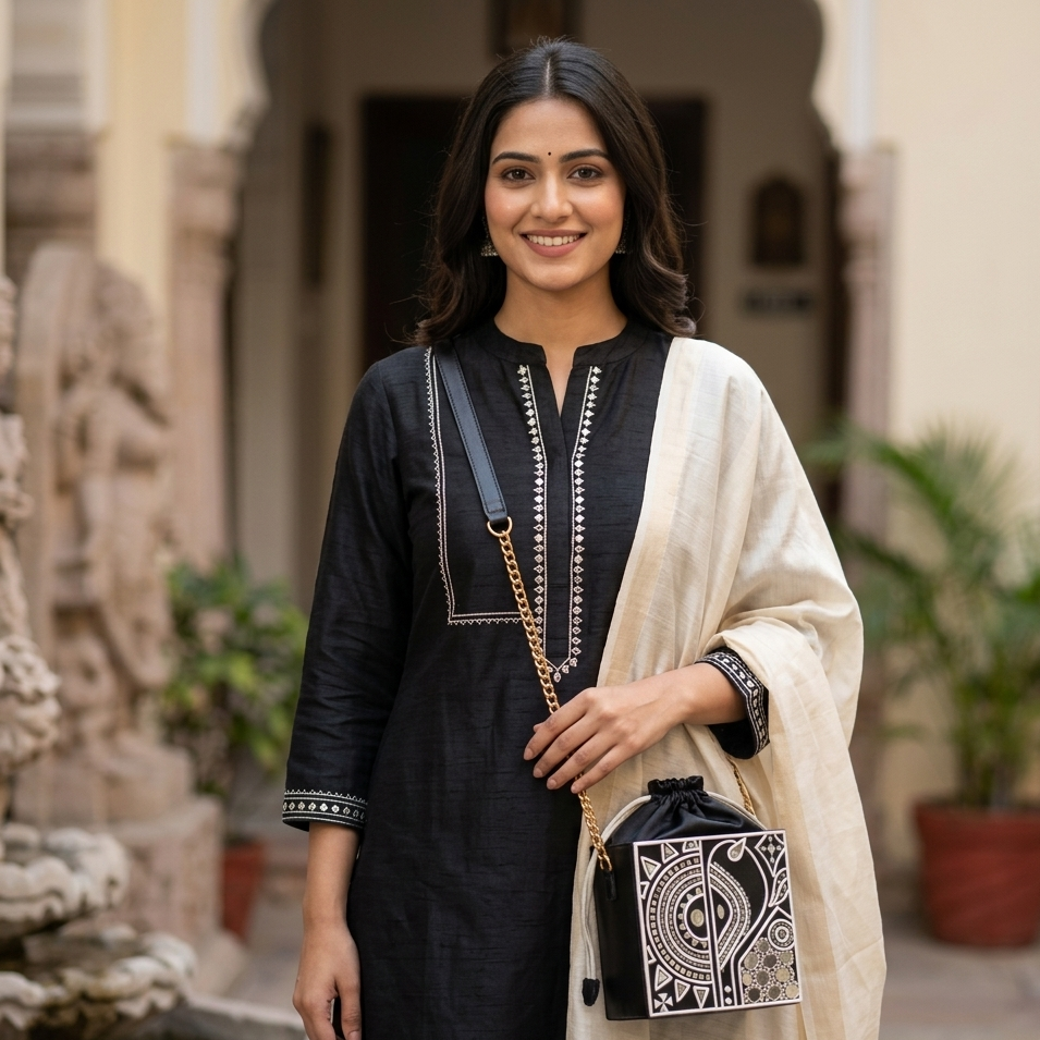 Black Square Lippan Art  Potli Bag and Sling