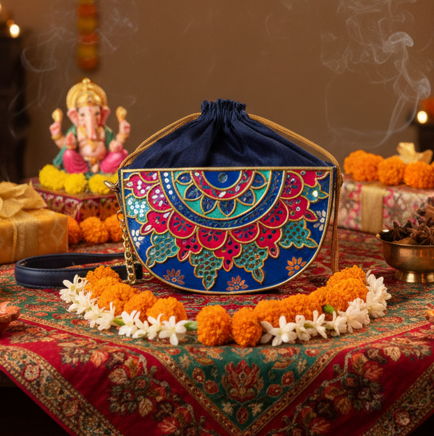Midnight Mehfil Semi Circle Lippan Art Potli Sling