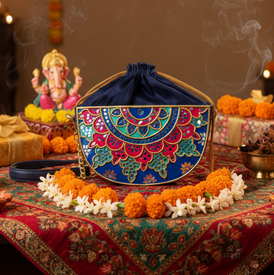 Midnight Mehfil Semi Circle Lippan Art Potli Sling