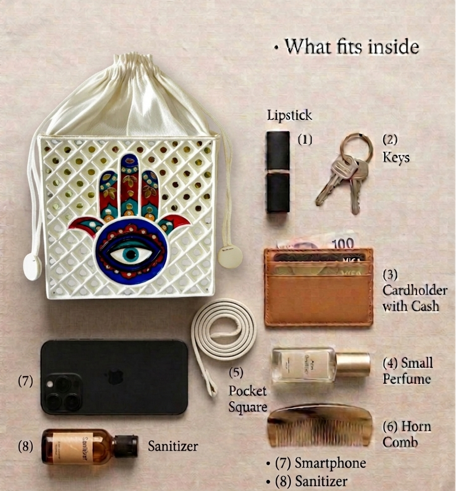 White Hamsa Lippan Art Medium Potli Sling Bag