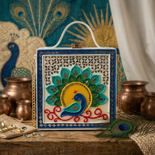 Peacock Charm Square Box Lippan Art Bag