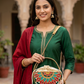 Green Festive Charm Semi  Circle Lippan Art Handcrafted Potli Bag with Sling