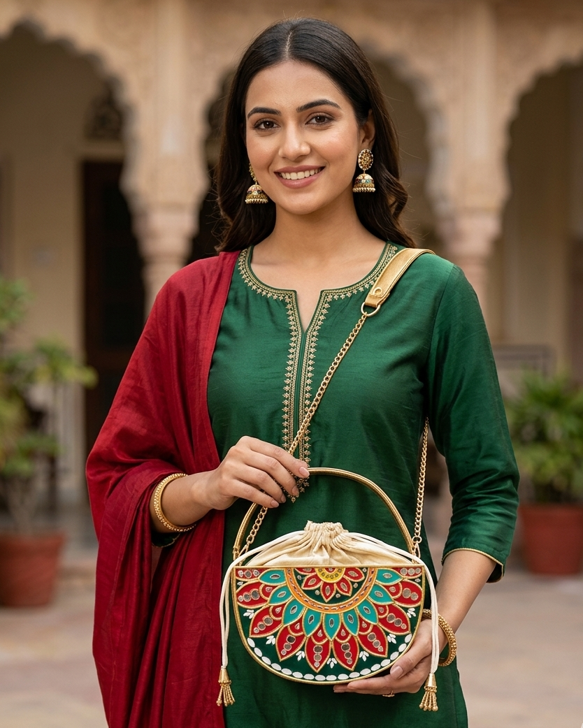 Green Festive Charm Semi  Circle Lippan Art Handcrafted Potli Bag with Sling