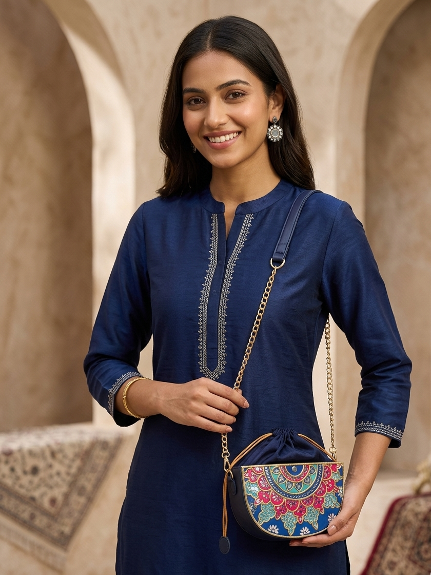 Midnight Mehfil Semi Circle Lippan Art Potli Sling