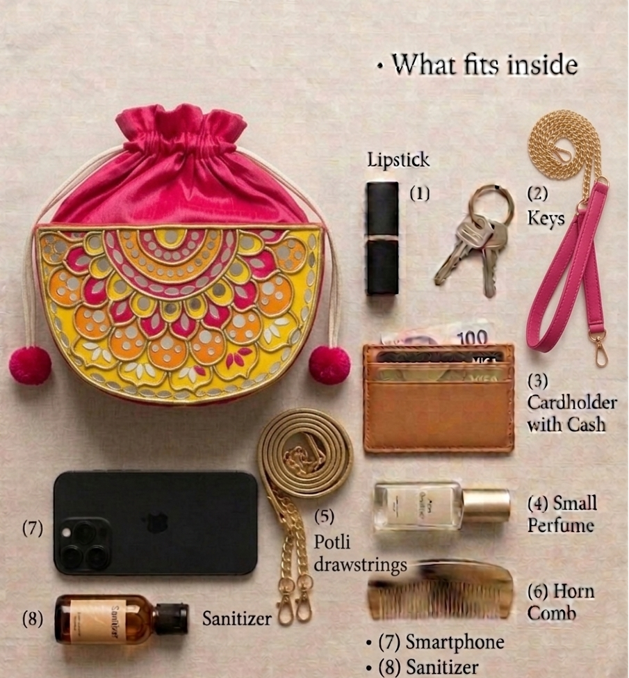 Pink Festive Charm Semi Circle Lippan Art Handcrafted Potli Bag with Sling