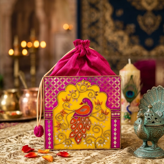 Pink Golden Charm Peacock Lippan Art  Medium Potli Sling