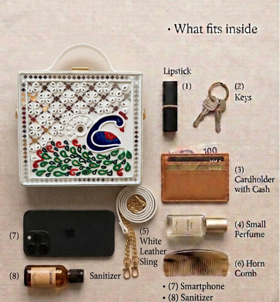 Majestic Peacock Lippan Art Handcrafted Square Box Bag