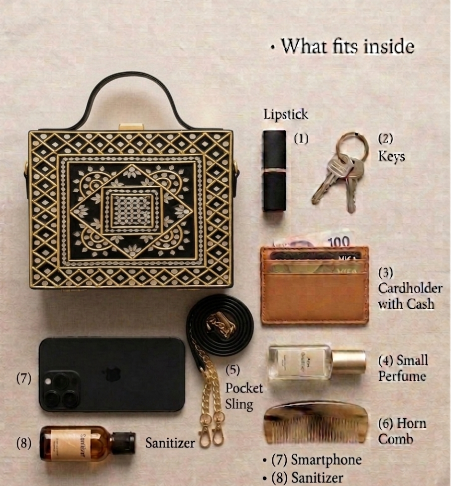 Geometric Black Gold  Lippan Art Handcrafted Box Bag