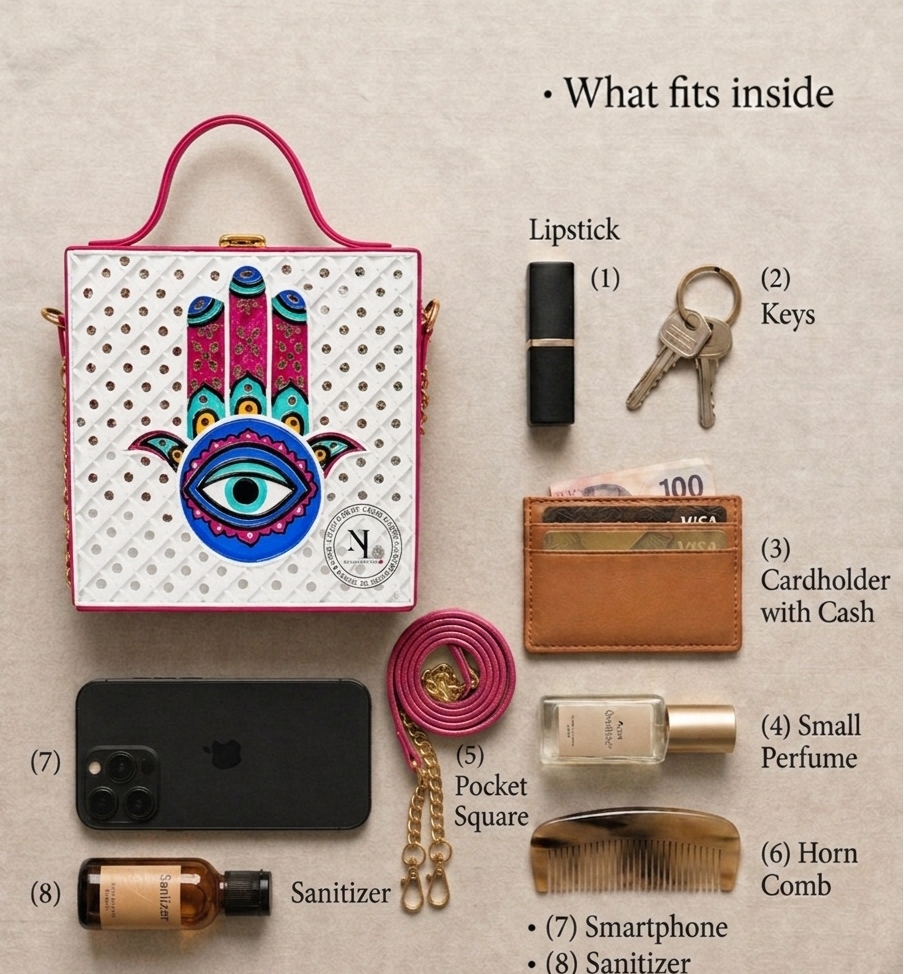 Hamsa Square Lippan Art Handcrafted Box Bag