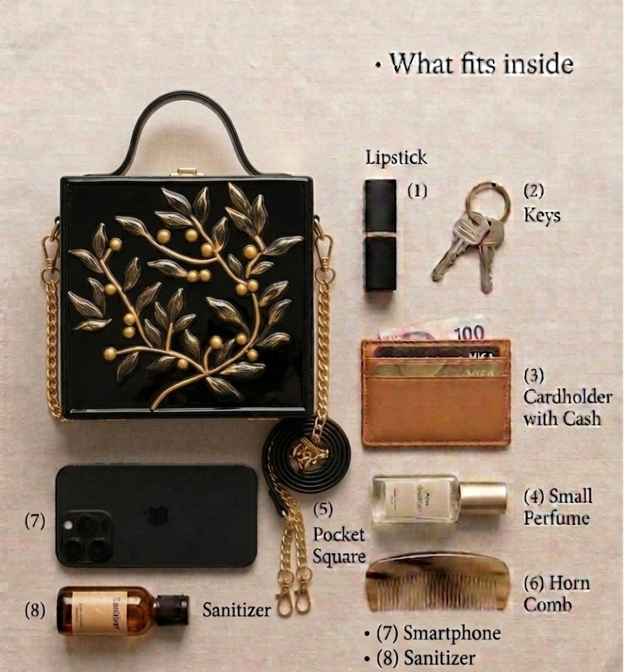 Black & Golden Leaf Square Lippan Art Handcrafted Box Bag