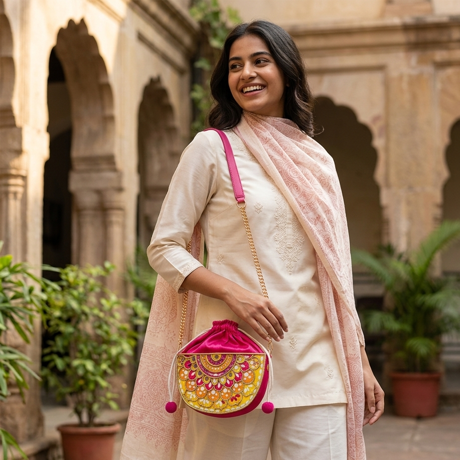 Pink Festive Charm Semi Circle Lippan Art Handcrafted Potli Bag with Sling
