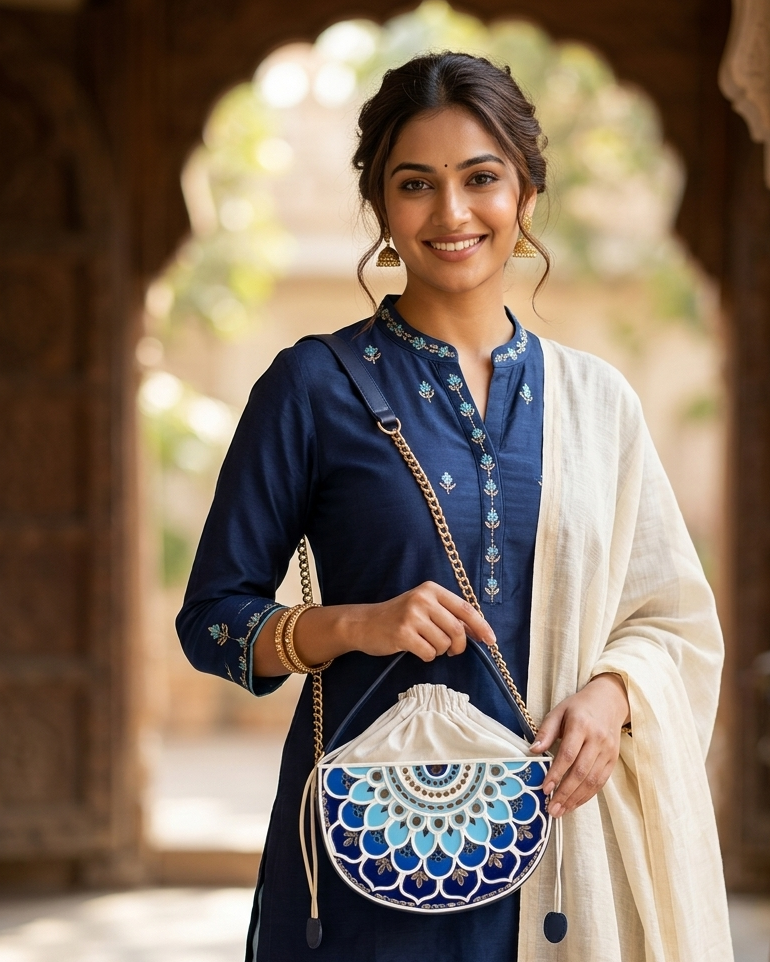 Blue Horizon Semi Circle Lippan Art Potli Sling