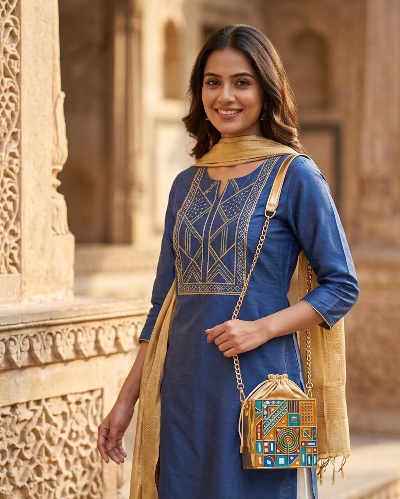 Festive Gold Lippan Art Medium Potli Sling