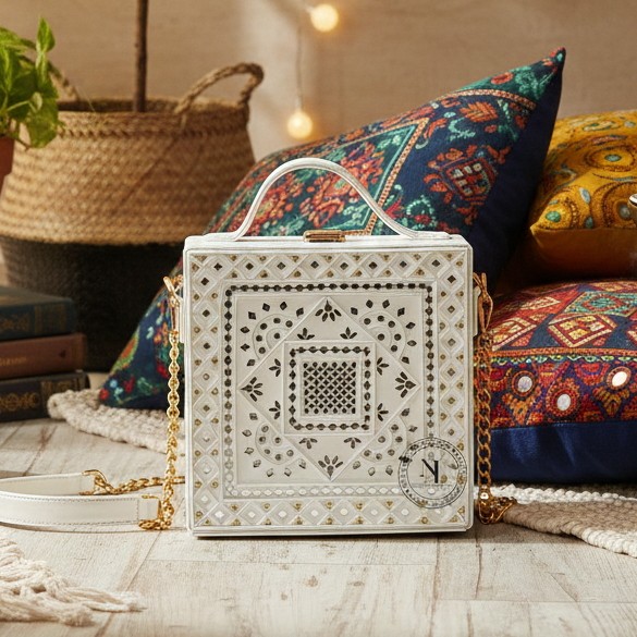 White Lippan Art Handcrafted Box Bag