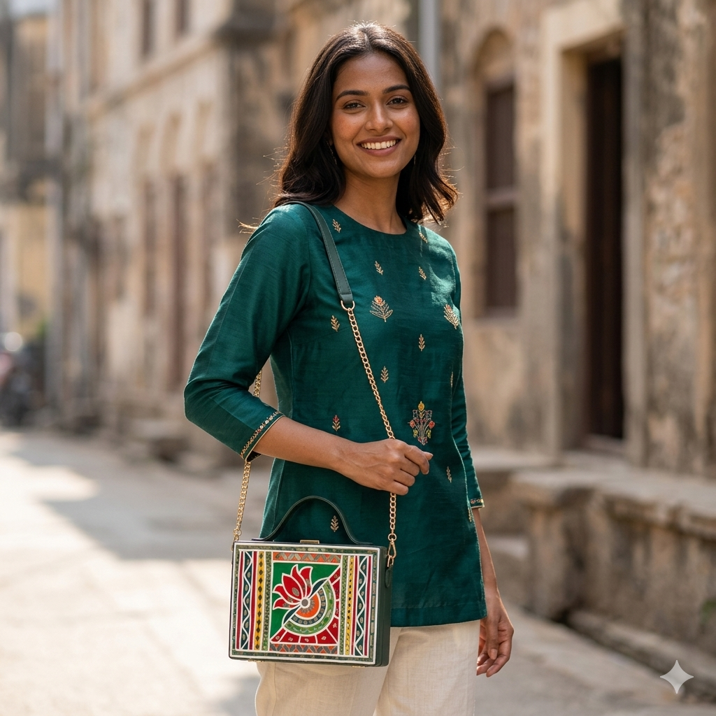 Green Lotus Lippan Art Handcrafted Rectangle Box Bag