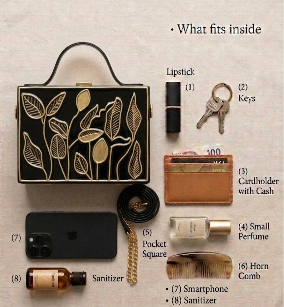 Black Charm Lippan Art Handcrafted Rectangle Box Bag