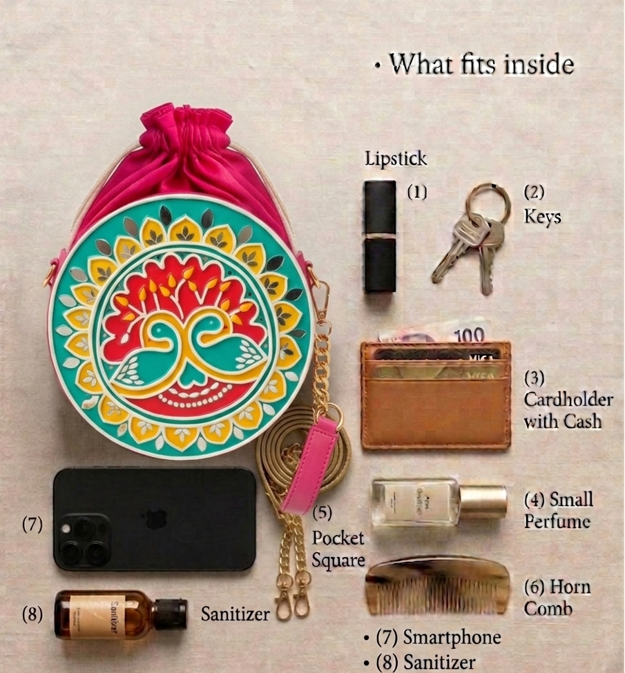 Peacock Bloom Lippan Art Handcrafted Circle Potli Bag