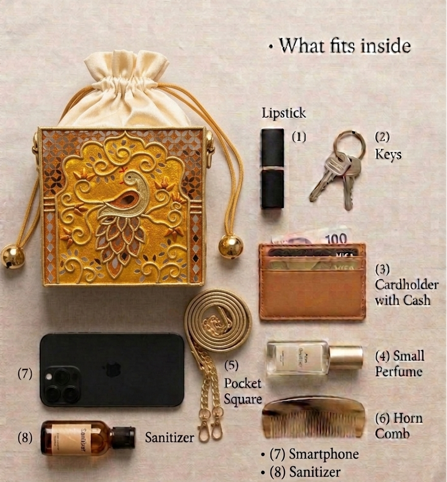Golden Charm Peacock Lippan Art  Medium Potli Sling