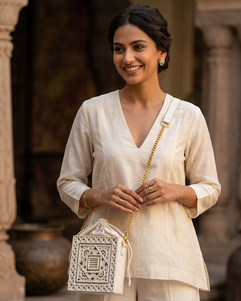 Classic White Lippan Art Medium Potli Sling
