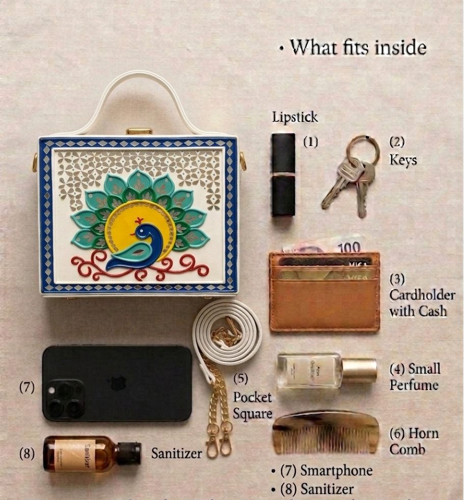 Peacock Charm Square Box Lippan Art Bag