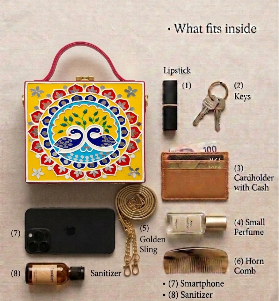 Navrang Peacock Square Lippan Art Handcrafted Box Bag