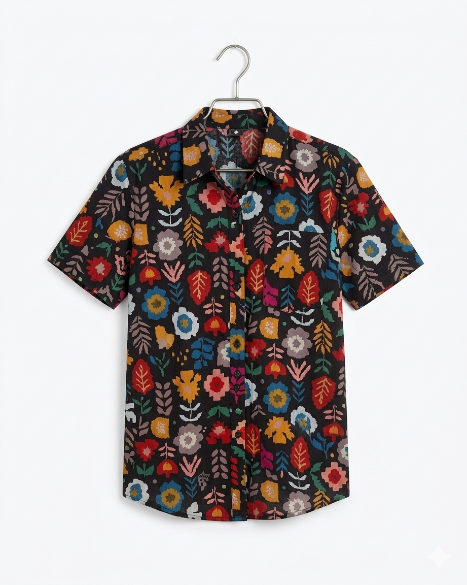 Black Floral Unisex Short Sleeves Shirt
