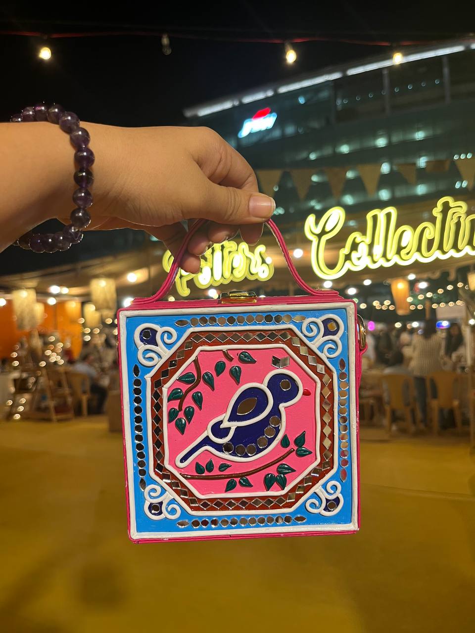 Mini Bird Lippan Art Handcrafted Square Box Bag