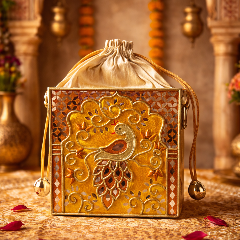 Golden Charm Peacock Lippan Art  Medium Potli Sling