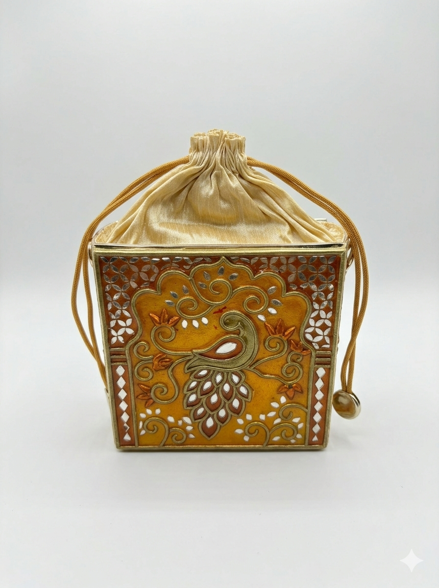 Golden Charm Peacock Lippan Art  Medium Potli Sling