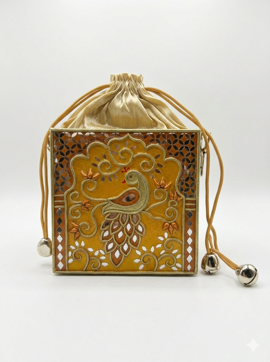 Golden Charm Peacock Lippan Art  Medium Potli Sling