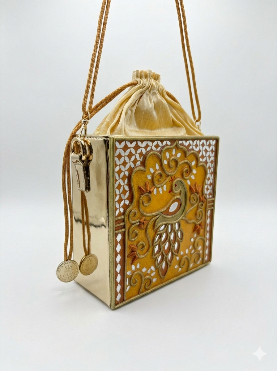 Golden Charm Peacock Lippan Art  Medium Potli Sling