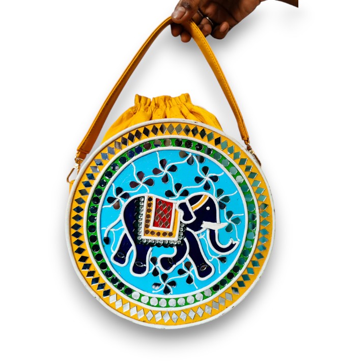 Indie Elephant Lippan Art Handcrafted Potli Bag with Sling