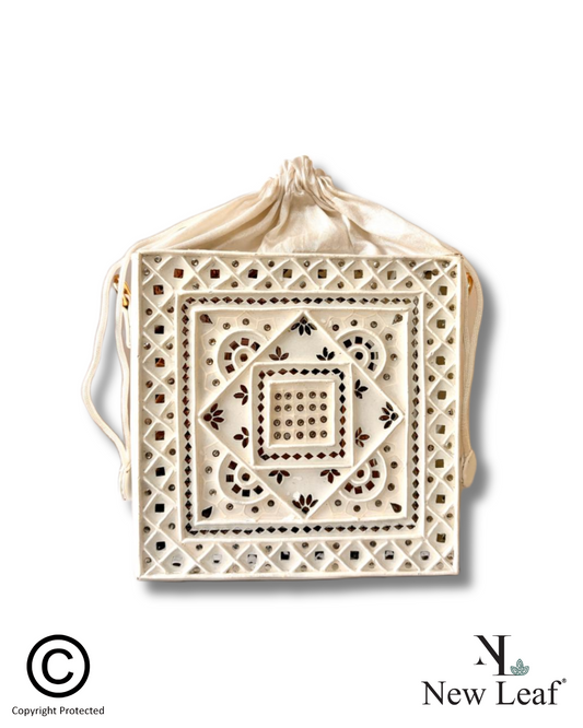 White Mandala Lippan Art Handcrafted Potli Bag