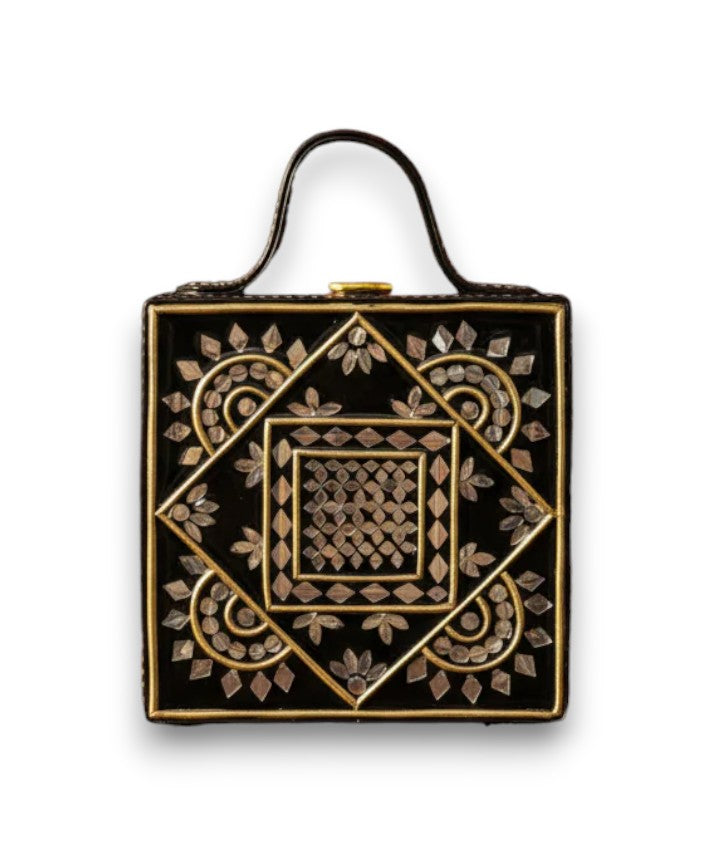 Mini Black Mandala Lippan Art Handcrafted Square Box Bag
