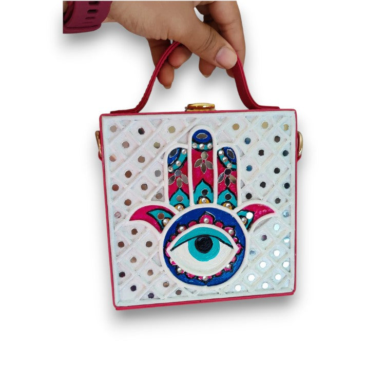 Mini Hamsa Lippan Art Handcrafted Square Box Bag