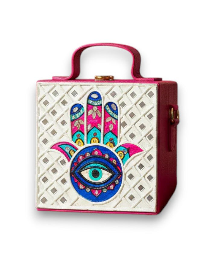 Mini Hamsa Lippan Art Handcrafted Square Box Bag