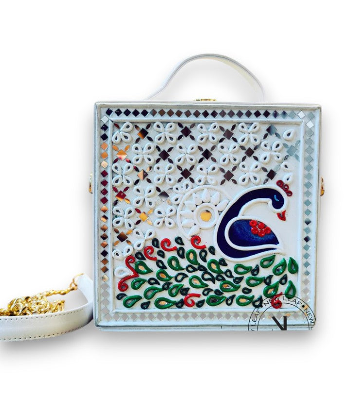 Peacock Lippan Art Handcrafted Square Box Bag