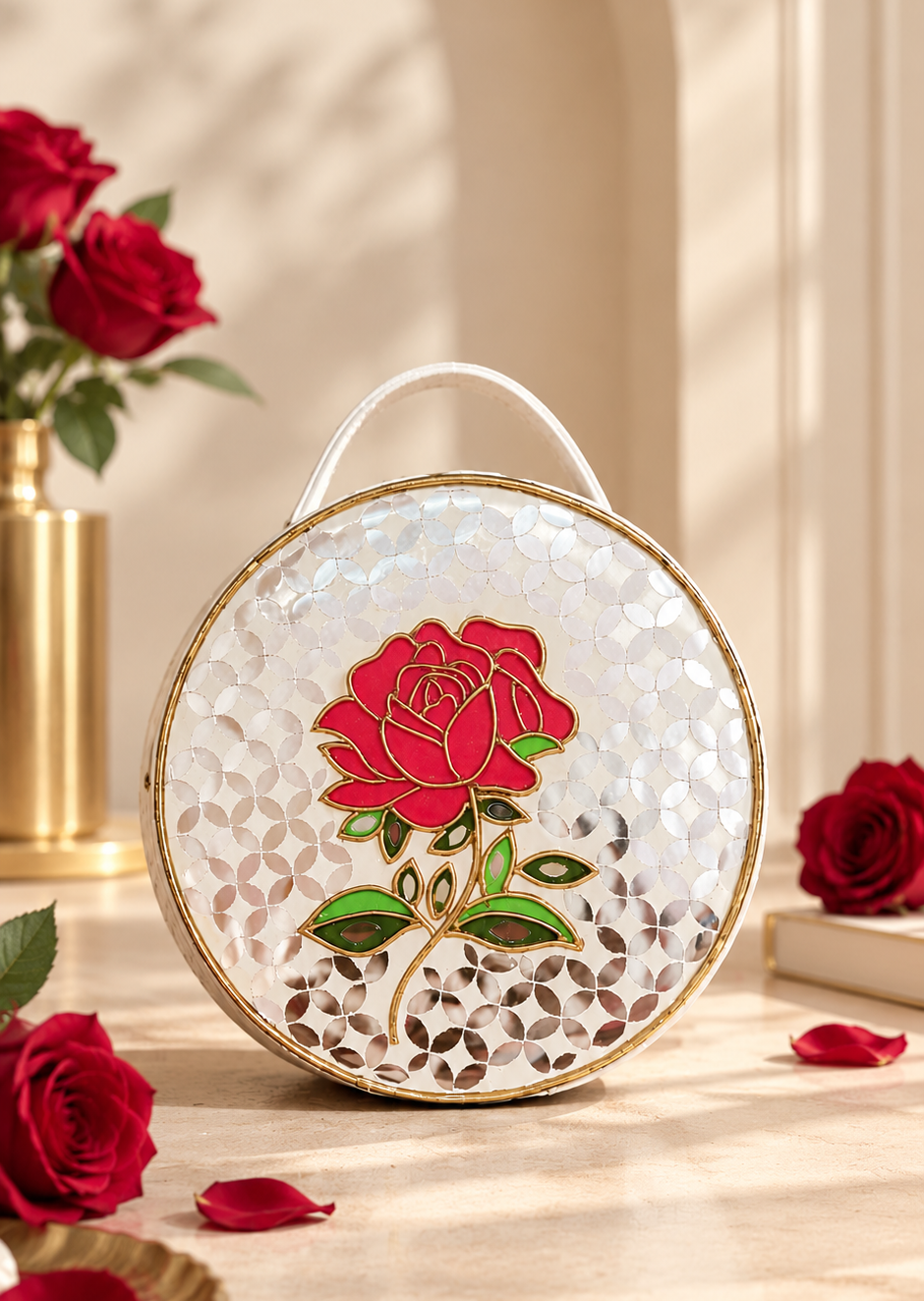 Rose Lippan Art Handcrafted Circle Box Bag with Zipper Handbag / Sling
