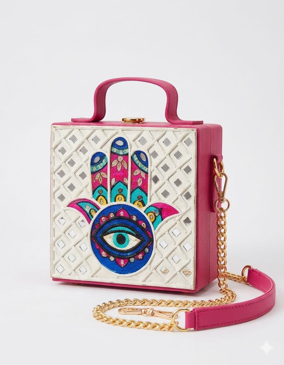 Mini Hamsa Lippan Art Handcrafted Square Box Bag