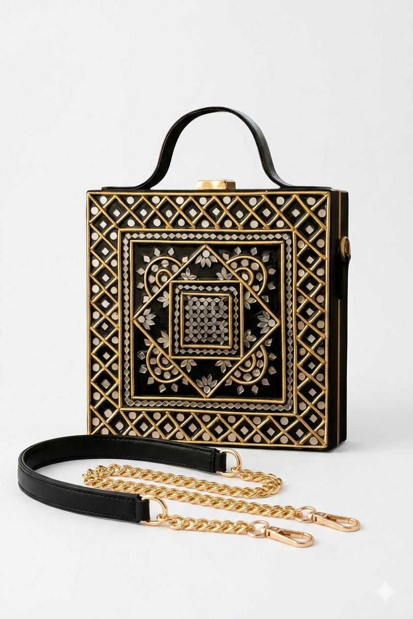 Geometric Black Gold  Lippan Art Handcrafted Box Bag