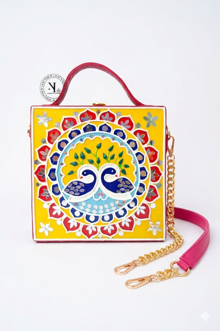 Navrang Peacock Square Lippan Art Handcrafted Box Bag