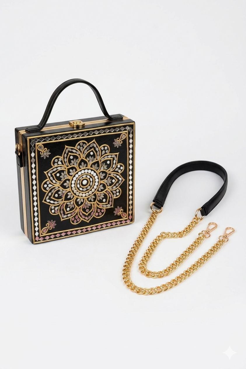 Mandala Black Gold  Lippan Art Handcrafted Box Bag