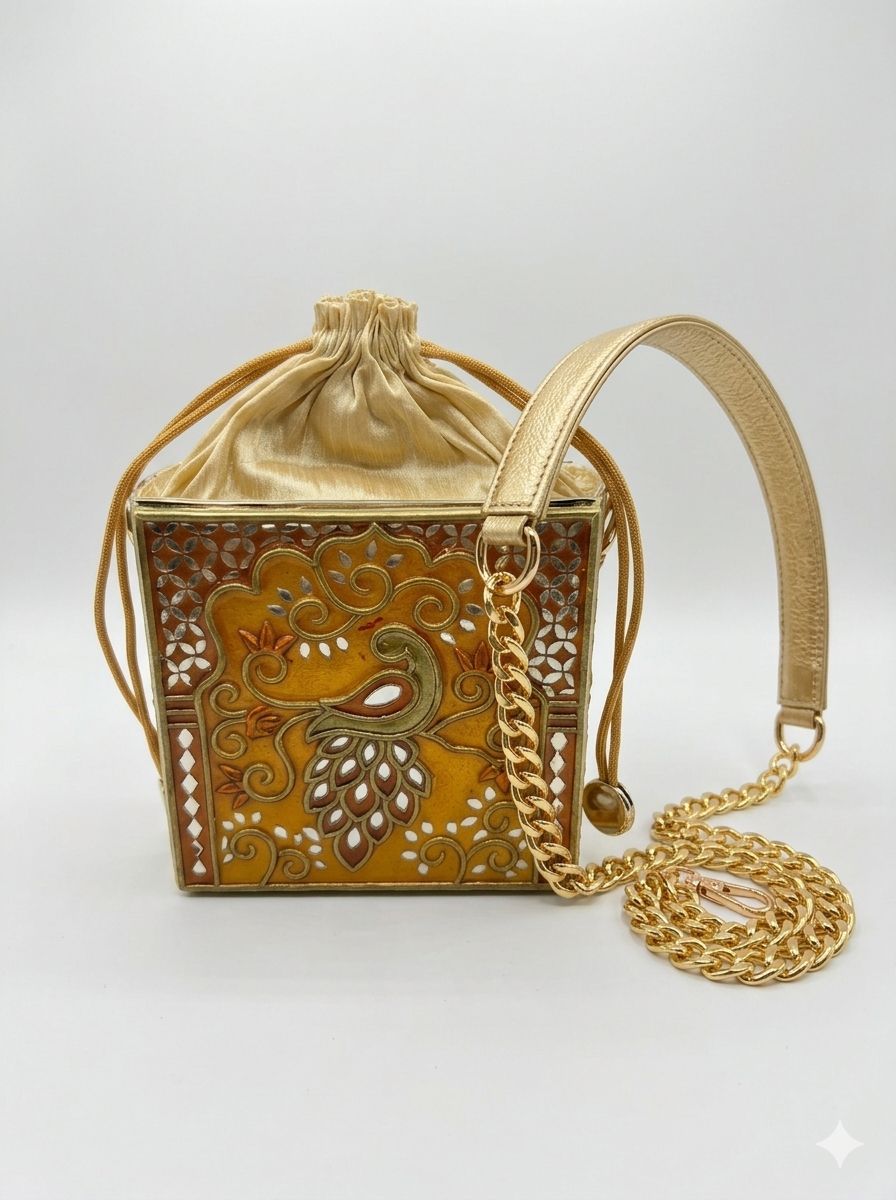 Golden Charm Peacock Lippan Art  Medium Potli Sling
