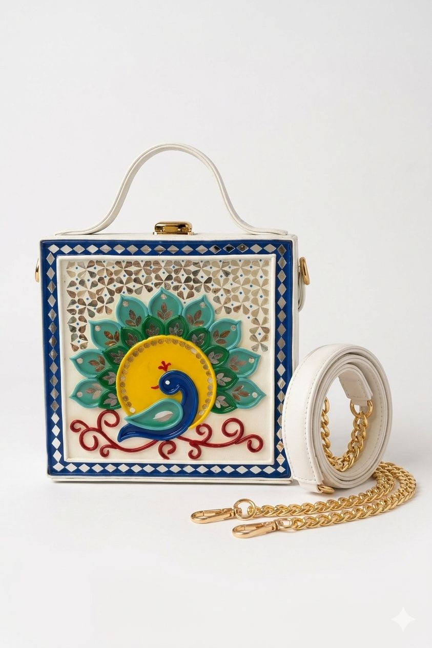 Peacock Charm Square Box Lippan Art Bag