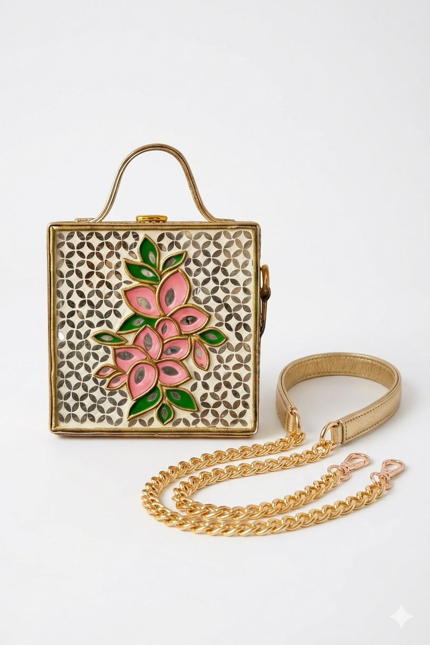 Mini Floral Lippan Art Handcrafted Square Box Bag