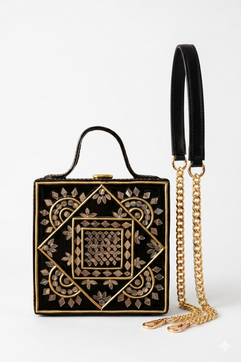 Mini Black Mandala Lippan Art Handcrafted Square Box Bag