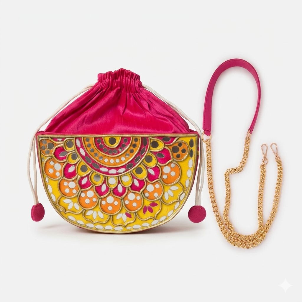 Pink Festive Charm Semi Circle Lippan Art Handcrafted Potli Bag with Sling