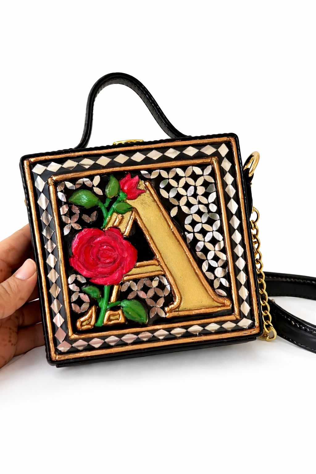 Monogram Mini Stylish  Lippan Art Handcrafted Box Sling Bag ( Fits in Flip Phone only )